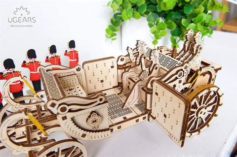 Royal Wedding Carriage Mechanical Wooden Model Kit With Four Horses, Vintage Carriage Replica For Builders, Realistic Leather Seat Interior, Royal Coat Of Arms Details, Gears And Moving Parts For A Satisfying DIY Project, wooden model carriage with four horses and moving wheels