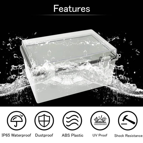 IP65 Waterproof Junction Box Enclosure with Hinged Clear Cover, ABS Plastic, 11.4 x 7.5 x 5.5 inches, splashproof design