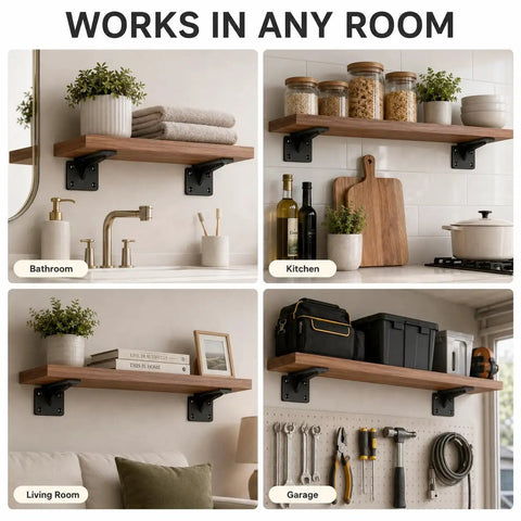 Shelf Bracket Beefy Heavy Duty L Bracket White 39cm with Screws in bathroom, kitchen, living room, and garage setups.