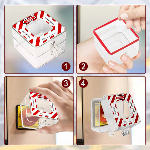 Emergency Stop Button Cover Box Type Transparent Guard Lockout Shield for Stop Button, showing lockout application.