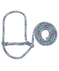 Braided Poly Rope Livestock Halter For Sheep And Goats 4 Ft adjustable comfort fit halter in purple and teal hues.