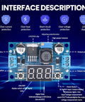 LM2596 Adjustable DC DC Buck Converter With LED Voltmeter Display showing interface description and labeled components