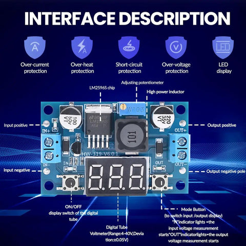 LM2596 Adjustable DC DC Buck Converter With LED Voltmeter Display showing interface description and labeled components