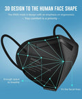 3D design view of a black KN95 Face Mask 50 Pack Five Layer Breathable Disposable Respirator Mask For Adults with ergonomic fit