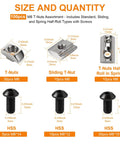 Heavy Duty M6 T Nut Screw Kit For 3030 3060 Aluminum Extrusion 100 Pieces showing T-nuts, sliding T-nuts, and hex socket screws.