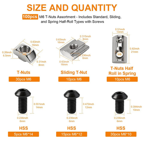 Heavy Duty M6 T Nut Screw Kit For 3030 3060 Aluminum Extrusion 100 Pieces showing T-nuts, sliding T-nuts, and hex socket screws.