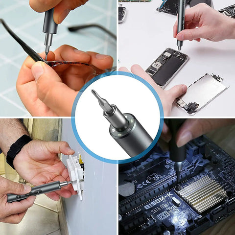 28 In 1 Cordless Electric Screwdriver Kit With 24 Bits used for phones, laptops, watches, and PCs, showcasing precision repairs.