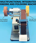 Compact Mini Belt Sander With Polishing Wheel And Automatic Tensioning For Desktop Use with grinding and polishing wheels.