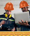 Two workers wearing 10 Pack Full Brim Hard Hats Orange Construction Helmet HDPE Safety Gear With 6 Point Adjustable Ratchet Suspension