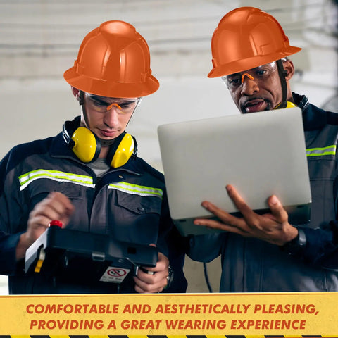 Two workers wearing 10 Pack Full Brim Hard Hats Orange Construction Helmet HDPE Safety Gear With 6 Point Adjustable Ratchet Suspension