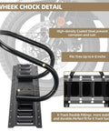 Four Pack E Track Wheel Chocks For Enclosed Trailers And Garages Secure Motorcycle And Dirt Bike Wheels With Easy Clip In Installation Beefy E Track System Accessories For Safe Hauling, showing high-density coated steel chock for corrosion prevention and stability.