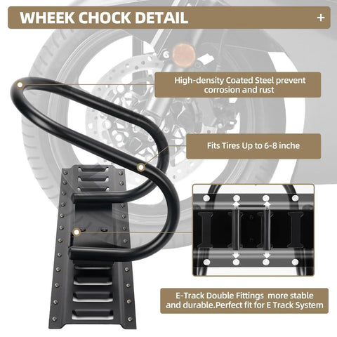Four Pack E Track Wheel Chocks For Enclosed Trailers And Garages Secure Motorcycle And Dirt Bike Wheels With Easy Clip In Installation Beefy E Track System Accessories For Safe Hauling, showing high-density coated steel chock for corrosion prevention and stability.