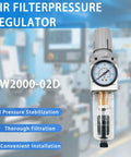 Quarter Inch NPT Compressed Air Filter Regulator Combo Piggyback With Water And Oil Trap Separator, 0-150 PSI Gauge displayed