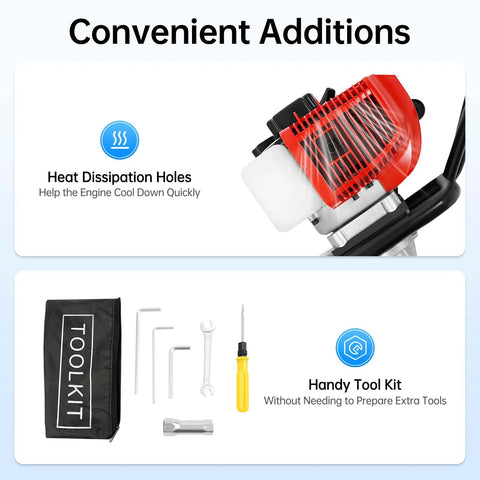 52cc Gas Powered Post Hole Digger 2HP Workhorse Heavy Duty Earth Auger engine heat dissipation holes and tool kit