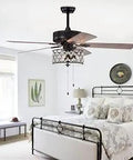Crystal Ceiling Fan With Light And Remote 52 Inch Rustic Cage Chandelier Style Black Metal Finish With Five Brown Wood Blades
