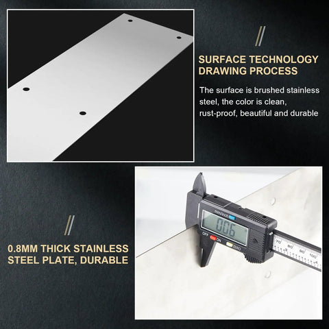 Close-up of Heavy Hitter 14 Pack Stainless Steel Door Kick Plates 16 X 4 Inch showing 0.8mm thick brushed metal surface.