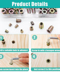 100Pcs Wood Threaded Inserts Kit In Six Sizes M4x8 M4x10 M5x10 M6x10 M6x15 M8x20 Hex Socket Drive Furniture Cabinet Screws shown with installation steps.