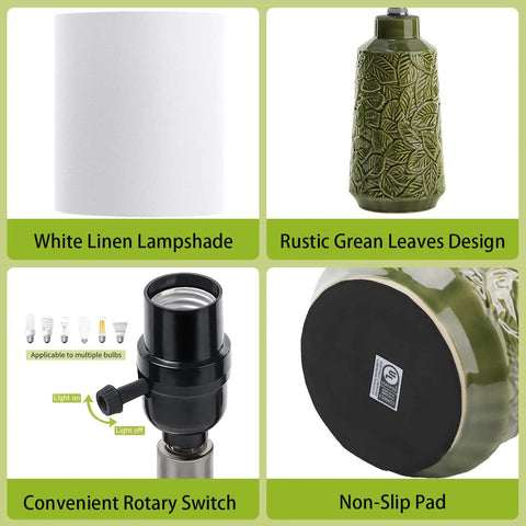 Green Ceramic Table Lamp With Leaf Pattern And White Linen Shade, 17 Inch Tall, rustic design details and components overview