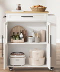 Farmhouse Mobile Kitchen Island Cart With Slick Rolling Lockable Casters And Front Glass Cabinet Plus Roomy Gear Hauler Drawer And Three Tier Spice Shelf For Weekend Cookoffs with glass storage and wood top