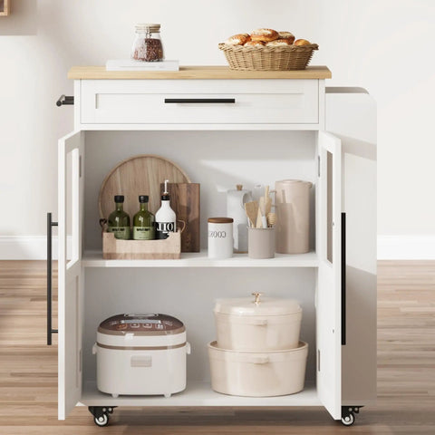 Farmhouse Mobile Kitchen Island Cart With Slick Rolling Lockable Casters And Front Glass Cabinet Plus Roomy Gear Hauler Drawer And Three Tier Spice Shelf For Weekend Cookoffs with glass storage and wood top