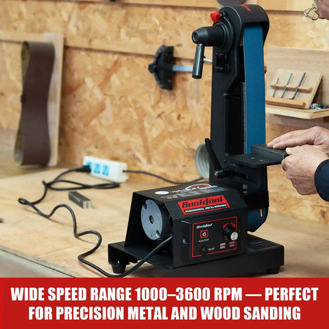 Beefy Variable Speed Belt Sander For Metalworking, 2x42 Inch, 3.5A DC Motor with control panel and quick belt release.