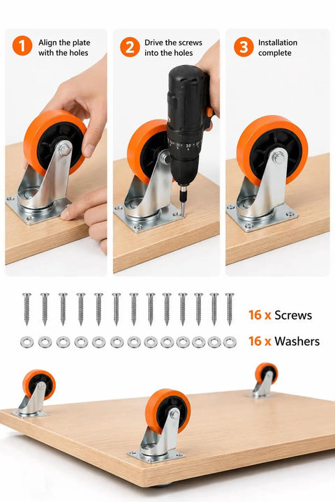 Installation of Badass Heavy Duty Four Inch Caster Wheels Set Of Four Rolling Smooth On Resilient Polyurethane Tires.