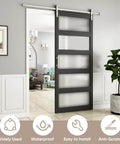 Glass Barn Door 42x96 Inch with 5-Panel Frosted Glass, solid wood frame, black finish, nickel sliding hardware.