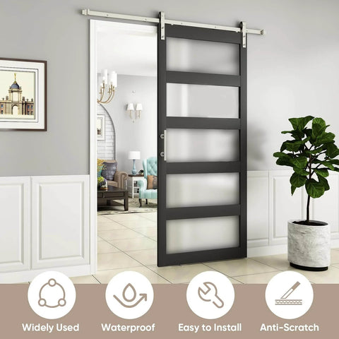 Glass Barn Door 42x96 Inch with 5-Panel Frosted Glass, solid wood frame, black finish, nickel sliding hardware.