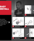 Kwikset Pismo interior round privacy doorknob with lock, gunmetal finish; installation steps with Allen wrench.