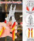 No Sweat Folding Wire Stripper Crimper 14 In 1 Multifunctional Pliers in hand with ergonomic grip and multifunction design.