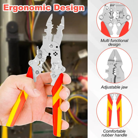 No Sweat Folding Wire Stripper Crimper 14 In 1 Multifunctional Pliers in hand with ergonomic grip and multifunction design.