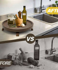 10 Inch Solid Wood Lazy Susan Turntable Organizer for cabinets and pantries displayed on kitchen countertop before and after use