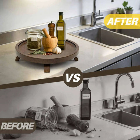 10 Inch Solid Wood Lazy Susan Turntable Organizer for cabinets and pantries displayed on kitchen countertop before and after use