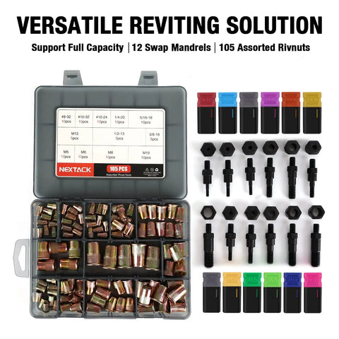 16 Inch Semi Automatic Rivet Nut Tool Kit With Quick Swap Mandrels And Sleek Portable Case, showing 105 rivet nuts and mandrels.