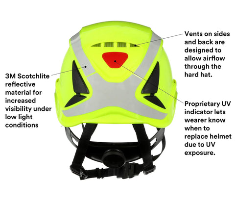 Rear view of climbing style inspired safety helmet with six point suspension, vented for all day cool comfort, Scotchlite reflective trim