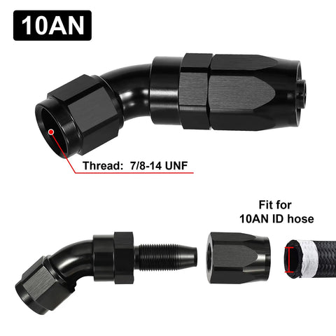 10AN 45 Degree One Piece Full Flow Hose End Fitting Swivel For CPE Braided Hose With 7/8 14 UNF Thread 6061 T6 Aluminum AN10 fitting for 10AN hose
