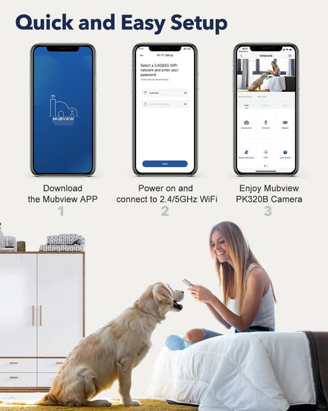 2K Indoor Security Camera With Pet And Baby Monitor setup steps with woman using phone beside dog