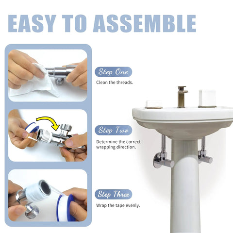 Guide showing steps to apply 4 Rolls One Half Inch By 520 Inch PTFE Thread Seal Tape Premium Teflon Tape on plumbing joints.