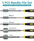 5 Piece Metal Needle File Set with Hardened Alloy Steel construction, displaying round, half-round, flat, square, triangular profiles.