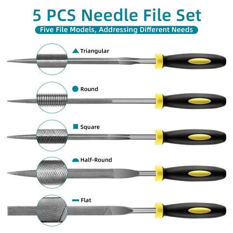 5 Piece Metal Needle File Set with Hardened Alloy Steel construction, displaying round, half-round, flat, square, triangular profiles.