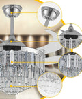 42 Inch Chandelier Ceiling Fan With Lights And Remote, Ultra Quiet Copper Motor, shown with crystal detail and retractable blades.