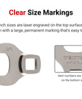 Three Eighths Inch Drive Crowfoot Wrench Set With Rack Seventeen Piece 8 To 24 Millimeter Range, close-up of wrench size markings.