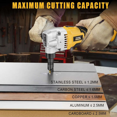Beast Mode Cordless Metal Nibbler cutting stainless steel, aluminum, copper in workshop, showcasing 18-gauge RPM brushless motor