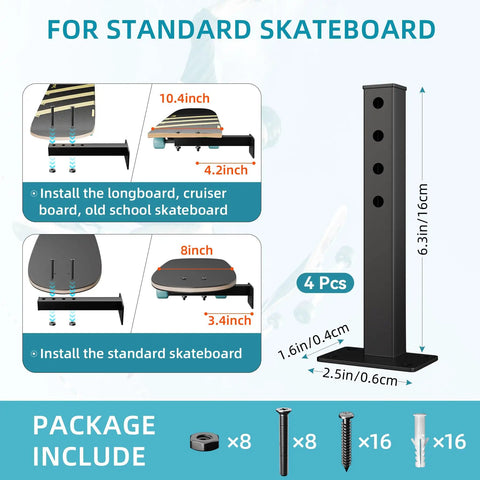 Skateboard Wall Mount Shelves 4 Pack Black Floating Brackets For Deck And Longboard Display with installation guide