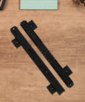 Heavy Duty Keyboard Tray Slide Rail For Computer Desk Runs Slick As Butter With Premium Glide Track Drawer Guide For Daily Typing And Solid Home Office Setup, black steel slide rails on wooden desk.