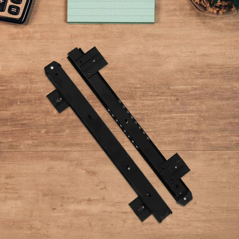 Heavy Duty Keyboard Tray Slide Rail For Computer Desk Runs Slick As Butter With Premium Glide Track Drawer Guide For Daily Typing And Solid Home Office Setup, black steel slide rails on wooden desk.