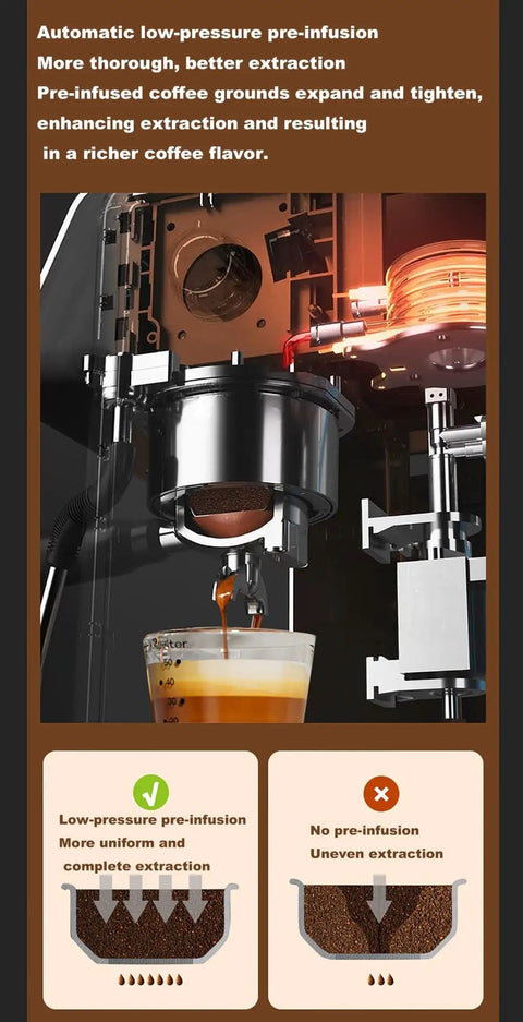Close-up of the extraction grouphead showing coffee flow, demonstrating Built To Last Stainless Steel Espresso Machine With Integrated Burr Grinder, 25 Bar Pump Pressure, Auto Milk Frother, And Roomy Water Tank For Straight Fire Cafe Vibes Right At Home.