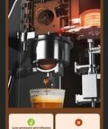On Point Espresso Machine With Burr Grinder And Steam Wand, 2200 Watt, showcasing low-pressure pre-infusion coffee brewing.