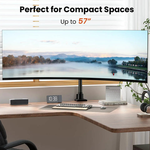 Heavy Duty Aluminum Ultrawide Monitor Desk Mount And Adjustable Monitor Arm For Wide Screens Up To 57 Inches in a compact workspace.