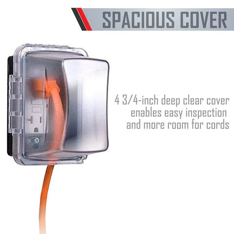 Weatherproof 1-Gang Outdoor Outlet Cover With Clear Finish, 4.75 Inch Deep, shown with cable through clear cover